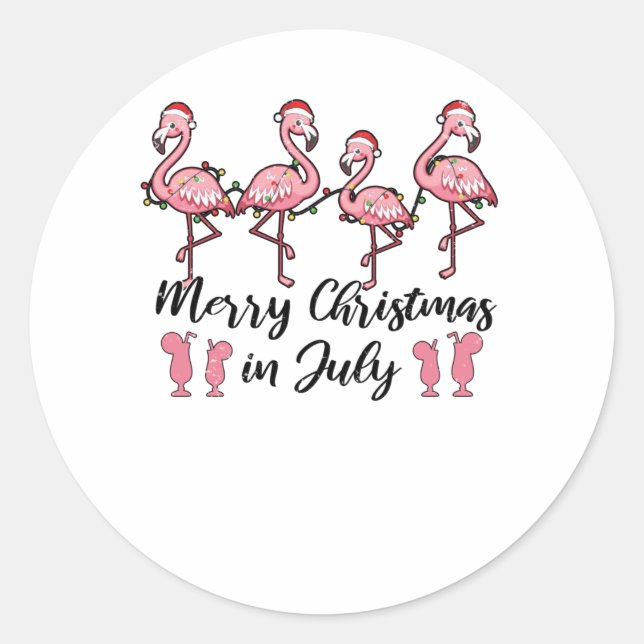 Sticker Rond Joyeux Noël En Juillet Flamant rose Été Cocktail (Devant)