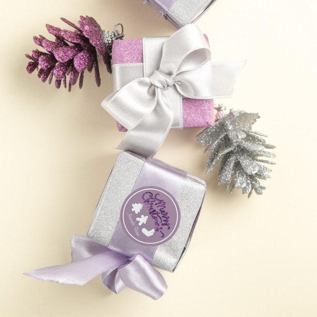 Sticker Rond Joyeux Noël encadré Arbre Nom Gold Smoky Purple (Merry Christmas Framed Tree Name Gold Smoky Purple Classic Round Sticker)