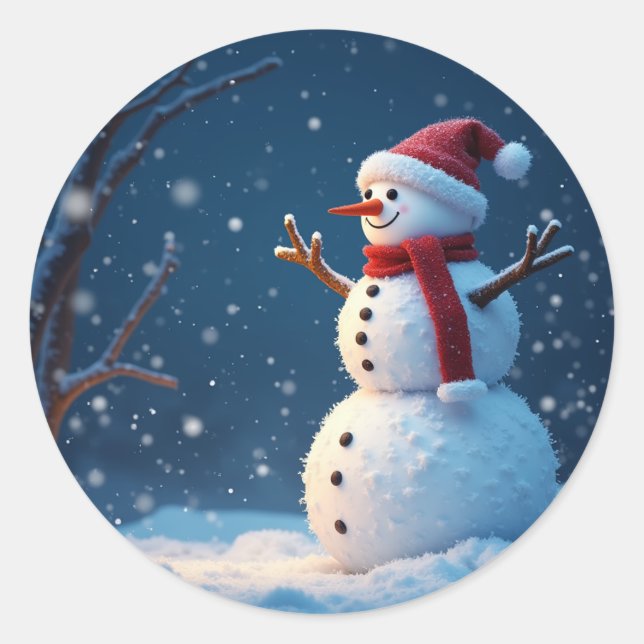 Sticker Rond Joyeux Noël et bonhomme de neige mignon (Devant)