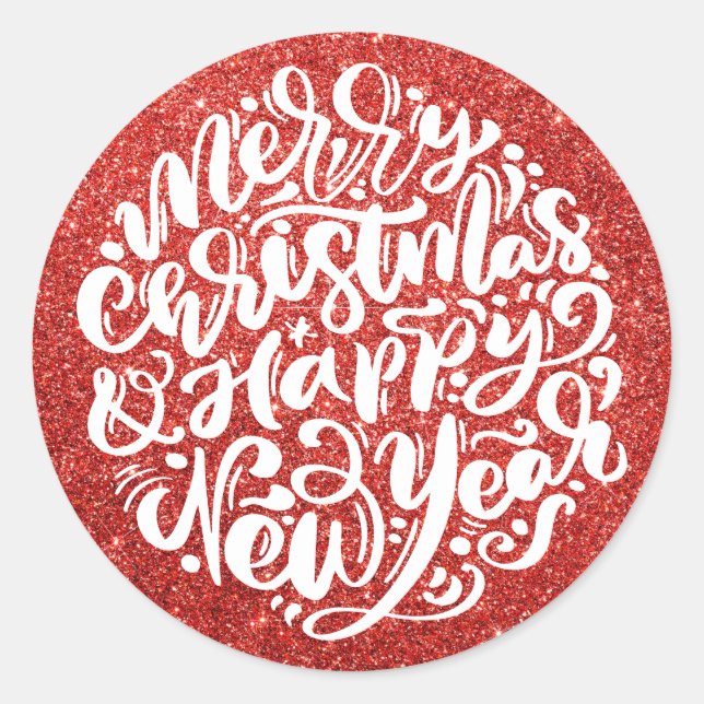 Sticker Rond Joyeux Noël et Bonne Année Rouge Paillettes (Devant)