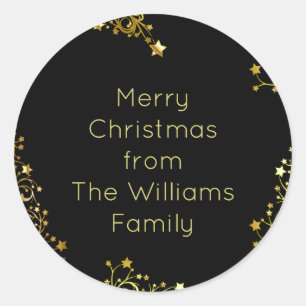 Sticker Rond Joyeux Noël Etoiles Black Or brillant Nom chic
