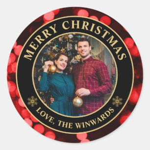 Sticker Rond Joyeux Noël familial Bokeh Rouge Élégant d'Hiver