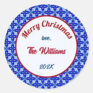 Sticker Rond Joyeux Noël Famille Bleu Vitrail
