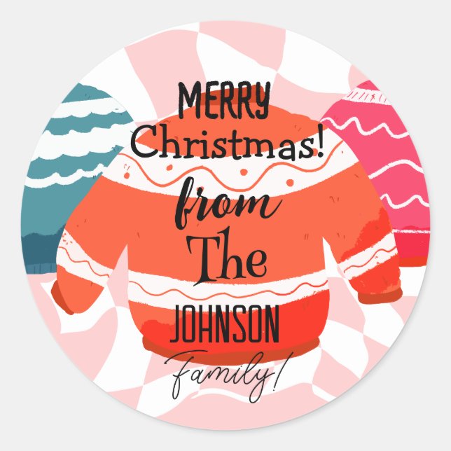 Sticker Rond Joyeux Noël Famille Nom Sweat Ugly Rose (Devant)