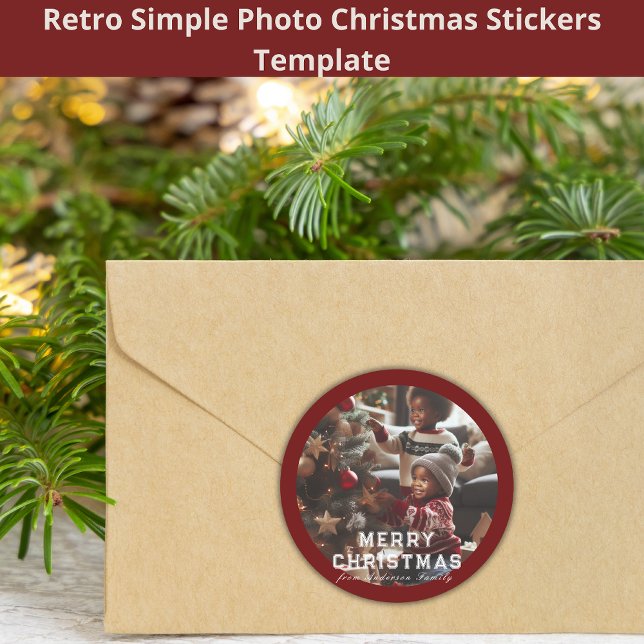 Sticker Rond Joyeux Noël Famille Photo Retro Rouge (Créateur téléchargé)