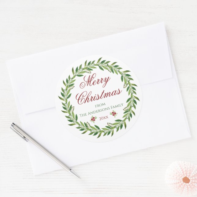 Sticker Rond Joyeux Noël Famille Wreath d'hiver (Enveloppe)