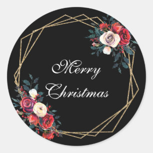 Sticker Rond Joyeux Noël faux or fleurons d'hiver rouge