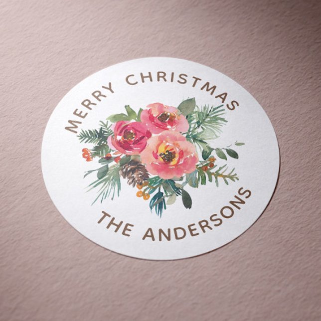 Sticker Rond Joyeux Noël | Fête de Noël hivernale florale aquar (Créateur téléchargé)