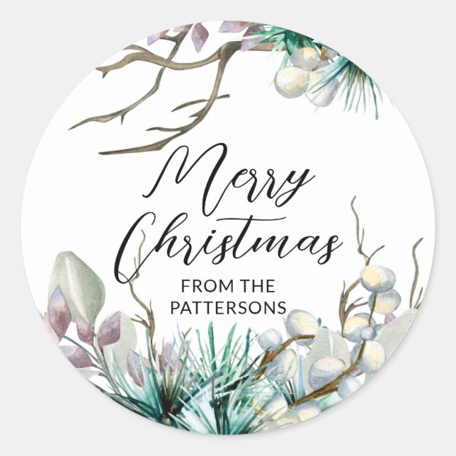 Sticker Rond Joyeux Noël Fête d'Hiver Floral Nom (Devant)