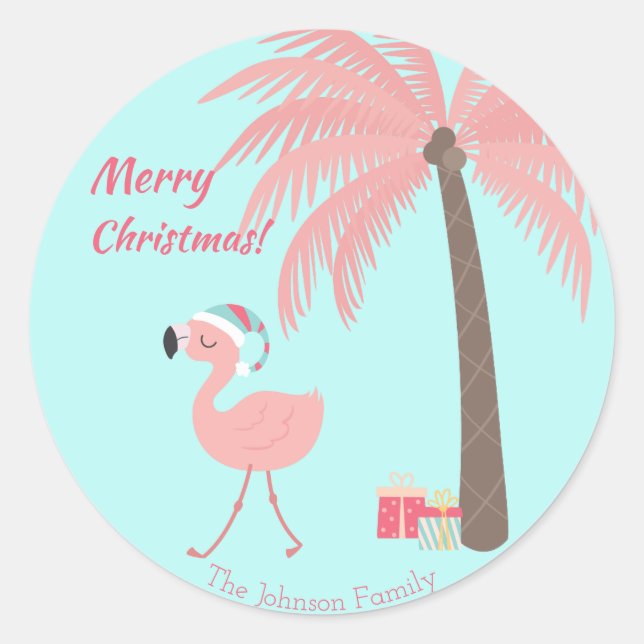 Sticker Rond Joyeux Noël  -  Flamingo Tropical Doux Père Noël  (Devant)