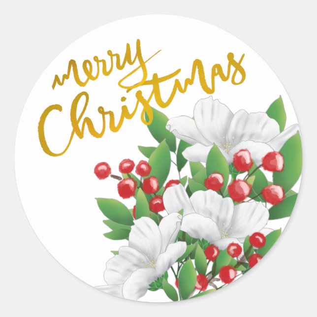 Sticker Rond Joyeux Noël floral blanc rouge vert doré (Devant)