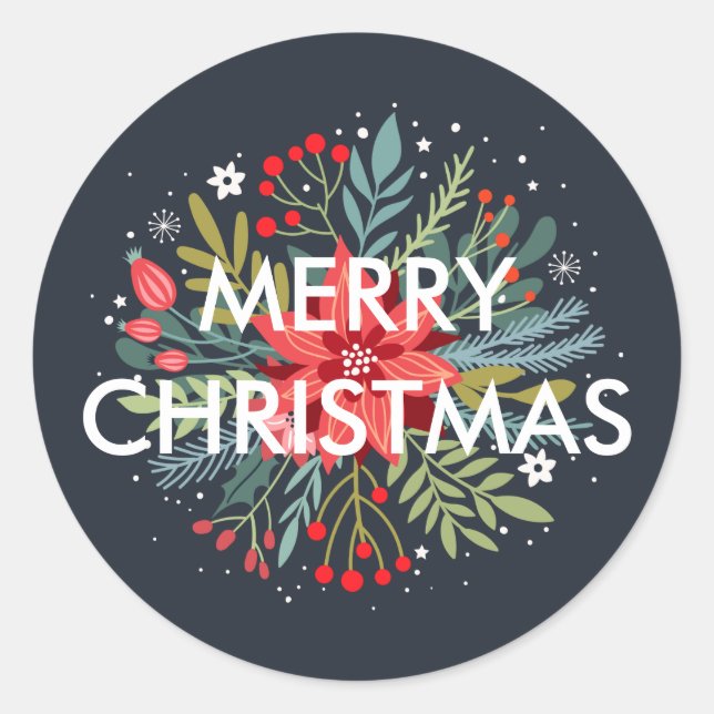 Sticker Rond Joyeux Noël Floral Poinsettia Bouquet (Devant)