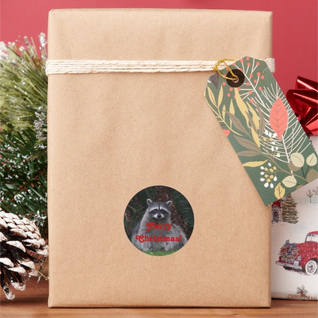 Sticker Rond Joyeux Noël Forest Raccoon (vacances)