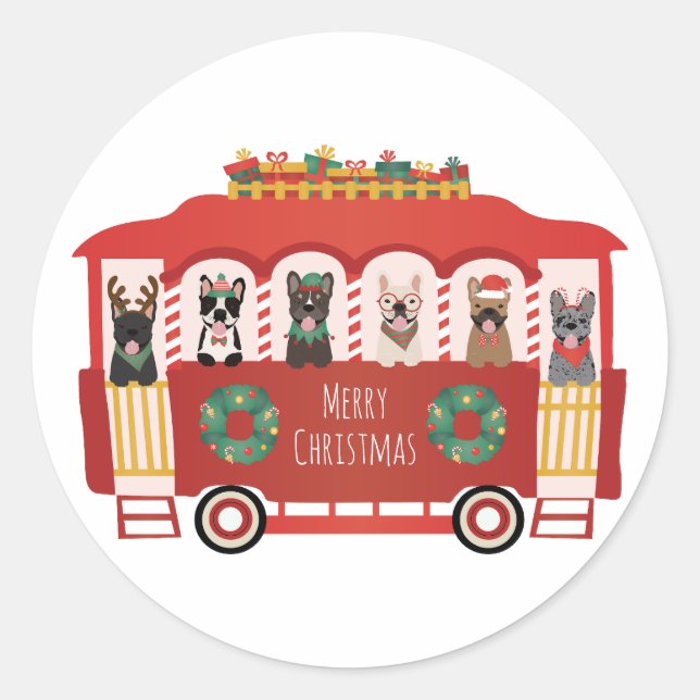 Sticker Rond Joyeux Noël Français Bulldogs Vacances Trolly (Devant)
