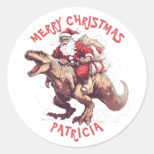 Sticker Rond Joyeux Noël Funny Père Noël équitation Dinosaur