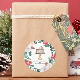 Sticker Rond Joyeux Noël Gâteau de vacances à couronne floral