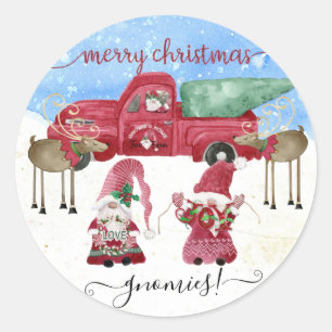 Sticker Rond Joyeux Noël Gnome Aquarelle neige Camion rouge