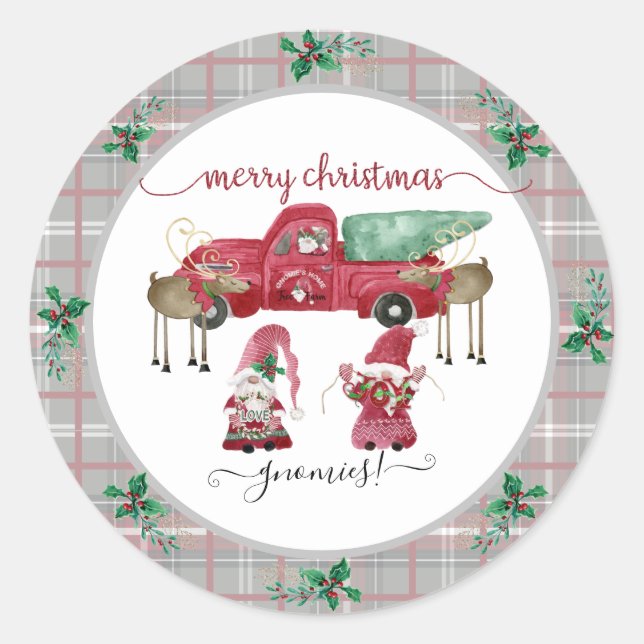Sticker Rond Joyeux Noël Gnome Arbre ferme aquarelle rouge (Devant)