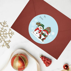Sticker Rond Joyeux Noël Gnome Bonhomme de Neige Vacances d'Hiv