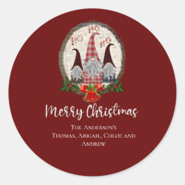 Sticker Rond Joyeux Noël Gnomes Rouge, Rustique, Plaid, Branché