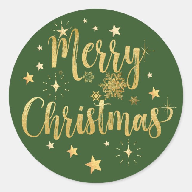 Sticker Rond Joyeux Noël Gold Ecriture Étoiles & Snowflakes (Devant)