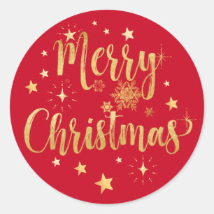 Sticker Rond Joyeux Noël Gold Écriture Étoiles Snowflakes Rouge