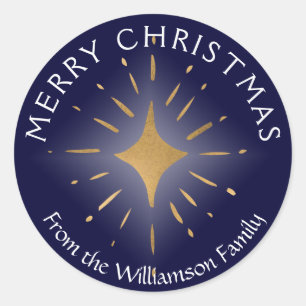Sticker Rond Joyeux Noël Gold Star Marine Blue