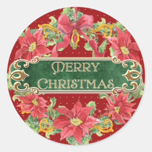 Sticker Rond Joyeux Noël Gold Swirl Poinsettia Wreath Jewel