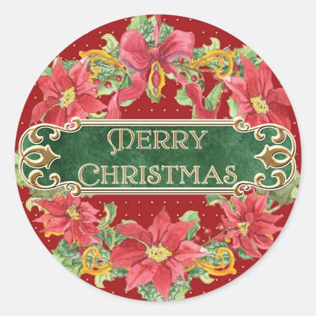 Sticker Rond Joyeux Noël Gold Swirl Poinsettia Wreath Jewel (Devant)