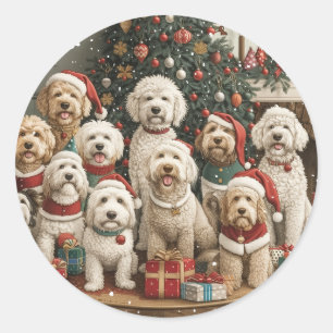 Sticker Rond Joyeux Noël Goldendoodle Chiens de chiot