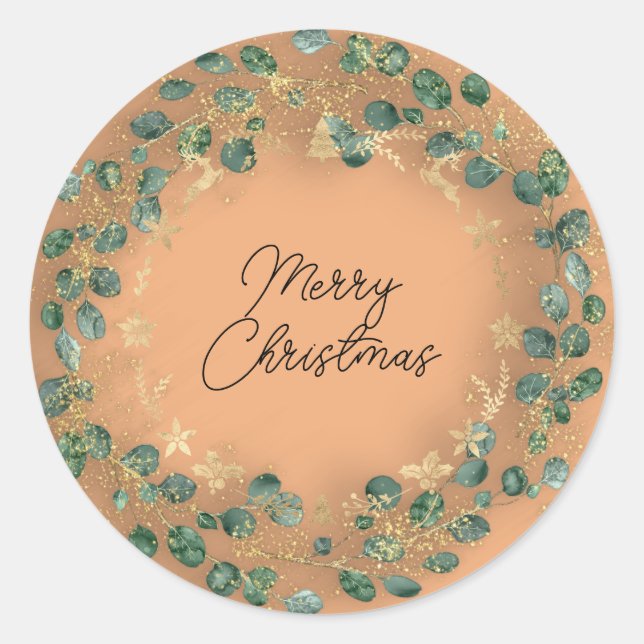 Sticker Rond Joyeux Noël Green Wreath Woodland Wood Orange (Devant)