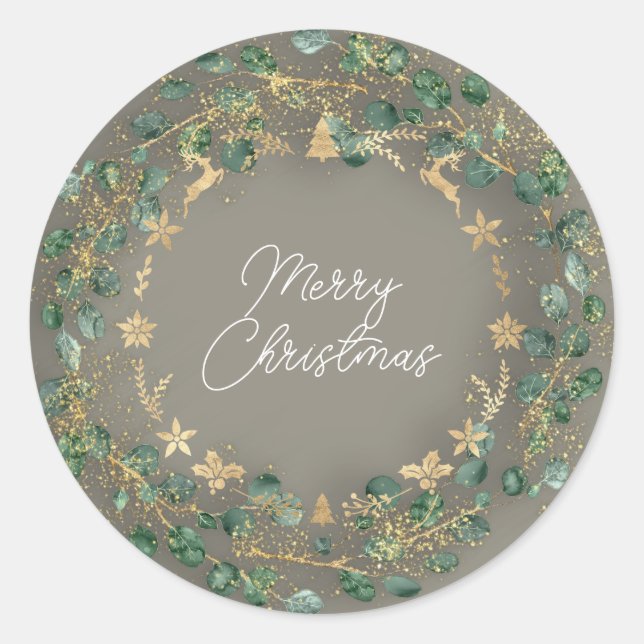 Sticker Rond Joyeux Noël Gris Vert Wreath Woodland Gold (Devant)