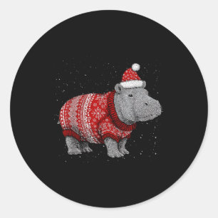 Sticker Rond Joyeux Noël Hippopotame Drôle Chapeau Santa Xmas P