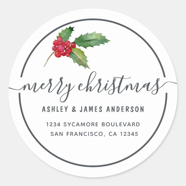 Sticker Rond Joyeux Noël Holly Berries Nouvelle adresse (Devant)
