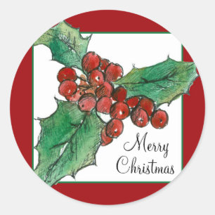 Sticker Rond Joyeux Noël Holly Berries Plante Botanique Art