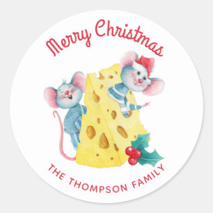 Sticker Rond Joyeux Noël Holly Fromage souris Personnalisé