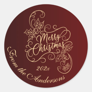 Sticker Rond Joyeux Noël Holly Red Grey Holiday