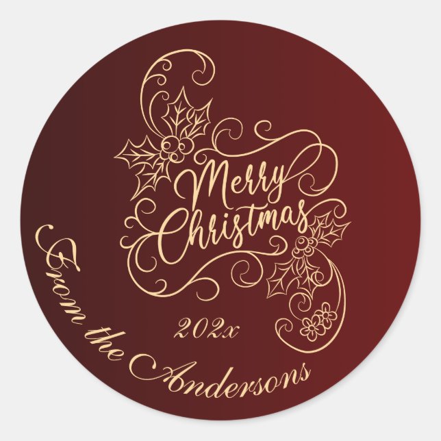 Sticker Rond Joyeux Noël Holly Red Grey Holiday (Devant)
