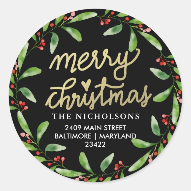Sticker Rond Joyeux Noël Holly Wreath | Adresse de retour (Devant)