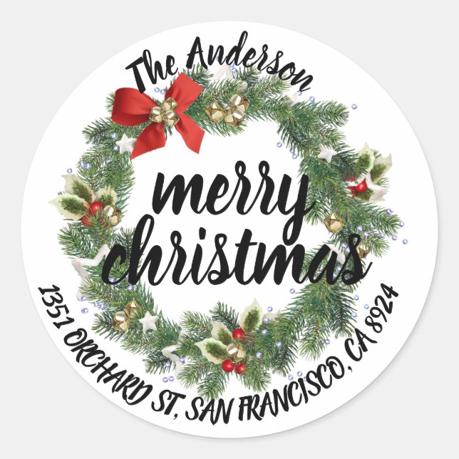 Sticker Rond Joyeux Noël Holly Wreath Adresse de retour (Devant)