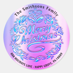 Sticker Rond Joyeux Noël Holly Wreath RSVP Bells Pink Blue