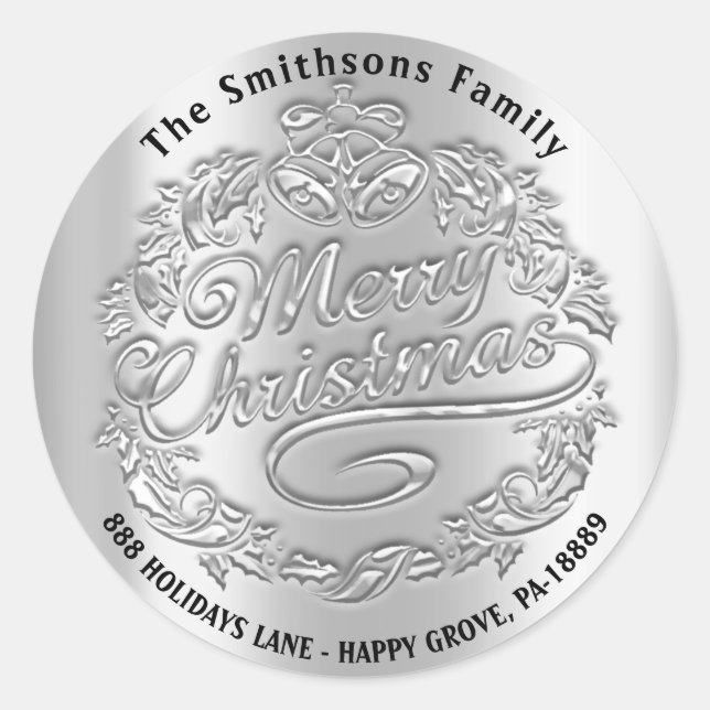 Sticker Rond Joyeux Noël Holly Wreath RSVP Bells Silver (Devant)