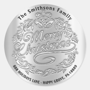 Sticker Rond Joyeux Noël Holly Wreath RSVP Bells Silver