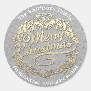 Sticker Rond Joyeux Noël Holly Wreath RSVP Gold Grey