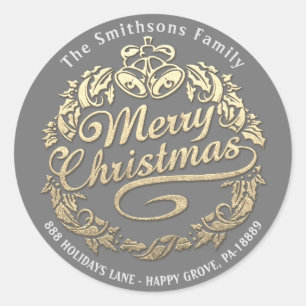 Sticker Rond Joyeux Noël Holly Wreath RSVP Gold Royal Grey