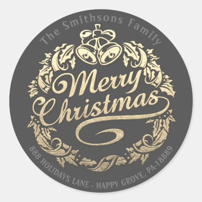 Sticker Rond Joyeux Noël Holly Wreath RSVP Gold Royal Grey (Devant)