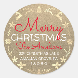Sticker Rond Joyeux Noël Holly Wreath RSVP Kraft Gold