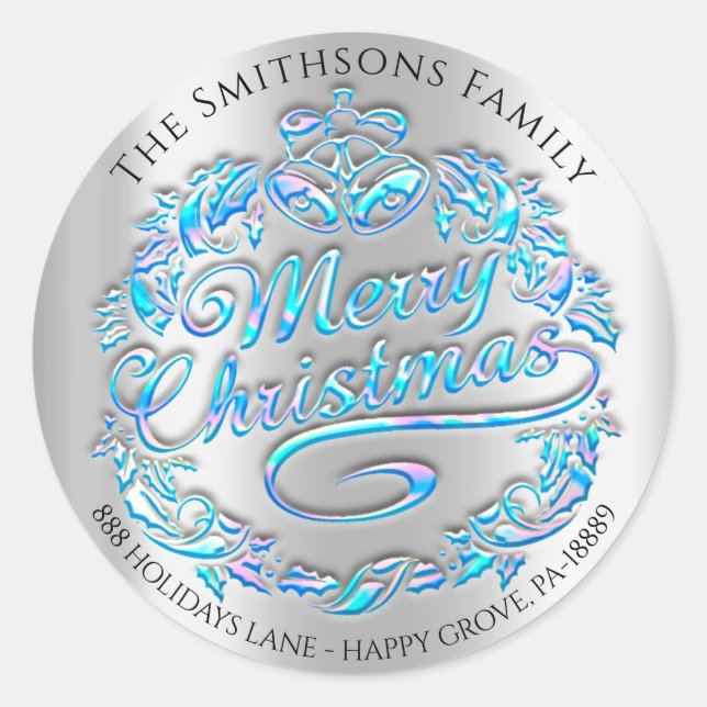 Sticker Rond Joyeux Noël Holly Wreath RSVP Silver Blue (Devant)