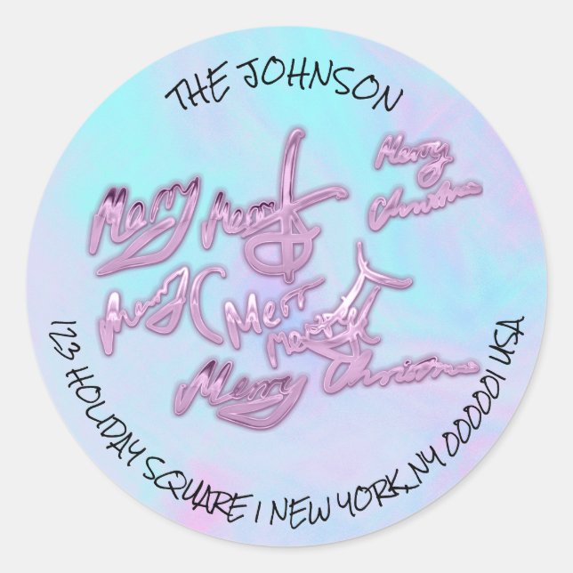 Sticker Rond Joyeux Noël Holographique Bleu De Nom Adresse (Devant)