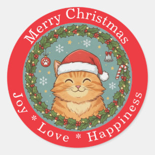 Sticker Rond Joyeux Noël Joie Amour Bonheur Chat Mignon